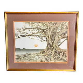 Vintage Framed Artwork Lithograph Reproduction Titled "Tropical Fig Tree" by the American Artist Michael Edward Arth For Sale