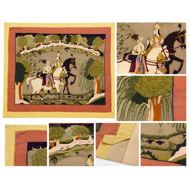 Persian Vintage Equestrian Court Scene Textile Tapestry | Handcrafted Persian & Mughal Inspired Wall Hanging | 38” H X 45” W For Sale - Image 3 of 3