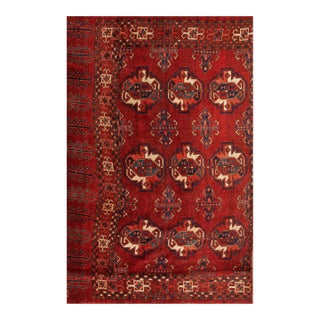 1880s Red Geometric Antique Turkman Ersari Beshir Rug 3'2" X 4'11" Handknotted Wool Carpet For Sale