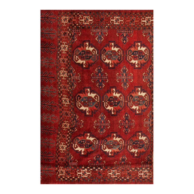 1880s Red Geometric Antique Turkman Ersari Beshir Rug 3'2" X 4'11" Handknotted Wool Carpet For Sale