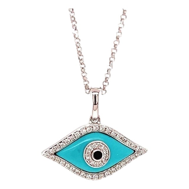 Mid 20th Century Diamond Turquoise Sapphire 18k White Gold Evil Eye Pendant Necklace For Sale