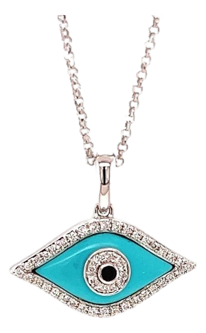 Mid 20th Century Diamond Turquoise Sapphire 18k White Gold Evil Eye Pendant Necklace