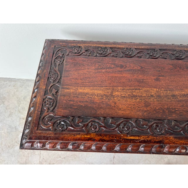 1970s Vintage Italian Renaissance-Style Hand-Carved Wood Coffee Table / Bench For Sale - Image 5 of 12