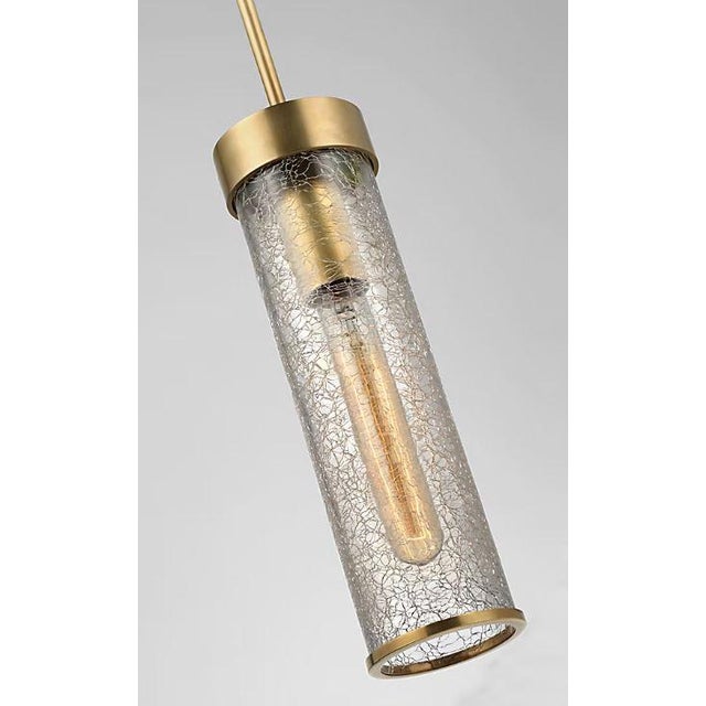 Visual Comfort Liaison Short Pendant in Antiqued Burnished Brass Finish with Crackle Glass Shade. Specifications: O/A...