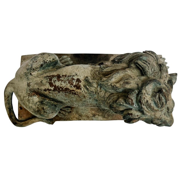 Grand Scale Vintage Continental European Patinated Bronze Recumbent Lions - Pair For Sale - Image 16 of 18