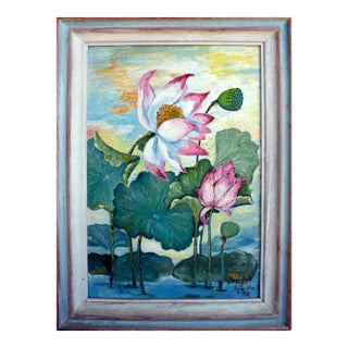 Mid Century Lotus Still Life / Bangkok Landscape on Verso (Double Sided) by Marge Quate Burt For Sale