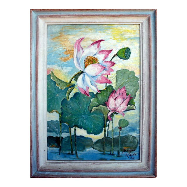 Mid Century Lotus Still Life / Bangkok Landscape on Verso (Double Sided) by Marge Quate Burt For Sale