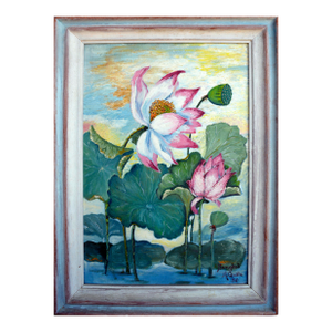 Mid Century Lotus Still Life / Bangkok Landscape on Verso (Double Sided) by Marge Quate Burt