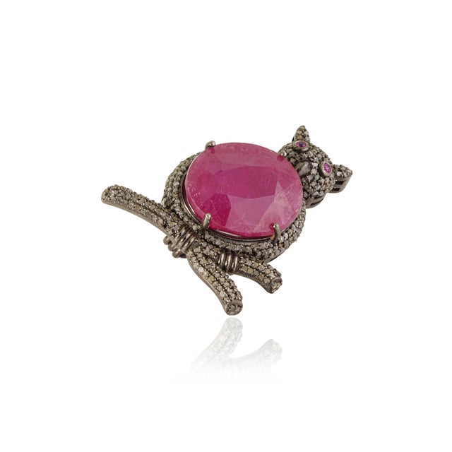 10 Ct Ruby & Diamond Wise Owl Oxidized Silver Unisex Brooch Pendant - Christmas Jewelry For Sale - Image 4 of 14