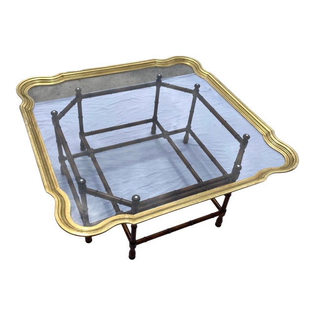 1970s Scalloped Brass Coffee Table in Faux Bamboo For Sale