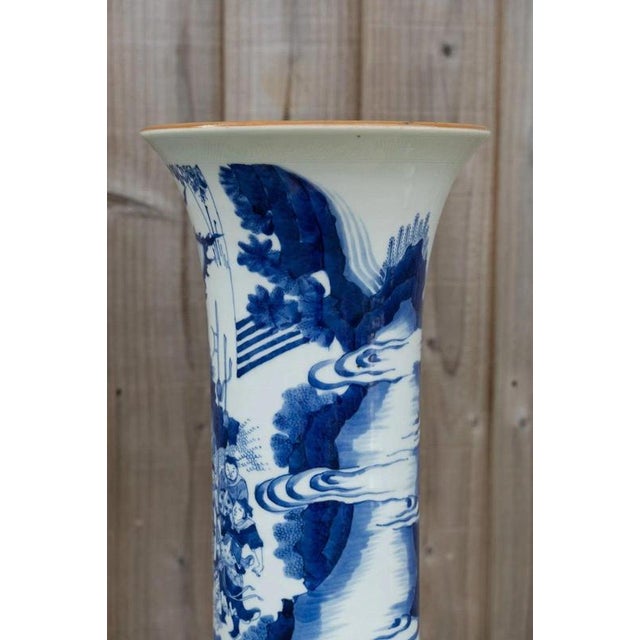 Chinese Blue and White Porcelain Sleeve Vase with Warriors and Military Procession For Sale - Image 11 of 18