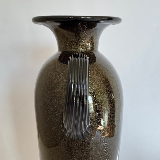 Brown Signed Gambaro & Poggi Murano Millefiori Aventurine Art Glass Vase With Scroll Handles For Sale - Image 8 of 13