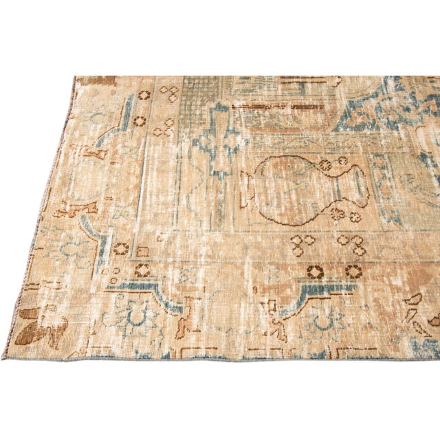 1960s Vintage Persian Distressed Beige Handmade Medallion Wool Rug For Sale - Image 4 of 11