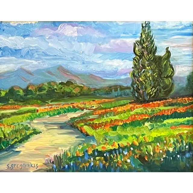 Oil painting on okoume board (similar to oak) of a French landscape with mountains in the background, two cypress trees...