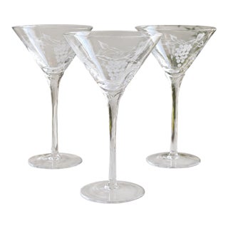 Vintage Handmade Etched Grapevine Martini Glasses With Tulip Stems – Set of 3 For Sale