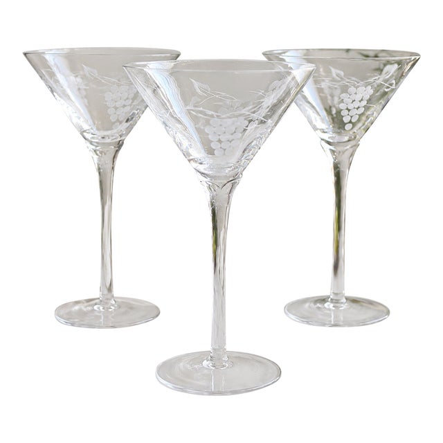 Vintage Handmade Etched Grapevine Martini Glasses With Tulip Stems – Set of 3 For Sale