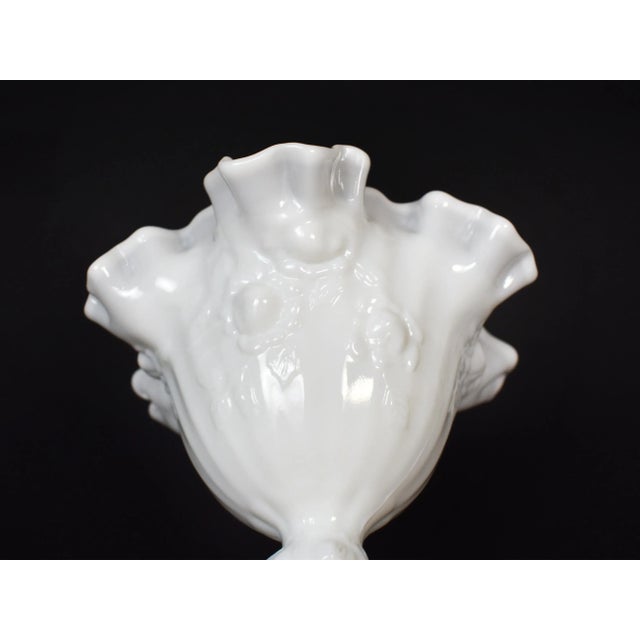 White Vintage Fenton Milk Glass Small Pedestal Bowl Comport Compot Ruffled Rose Design For Sale - Image 8 of 10