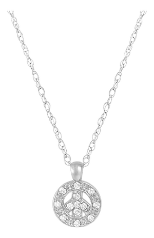 Dainty Diamond Peace Necklace .20cttw 14k White Gold 16"