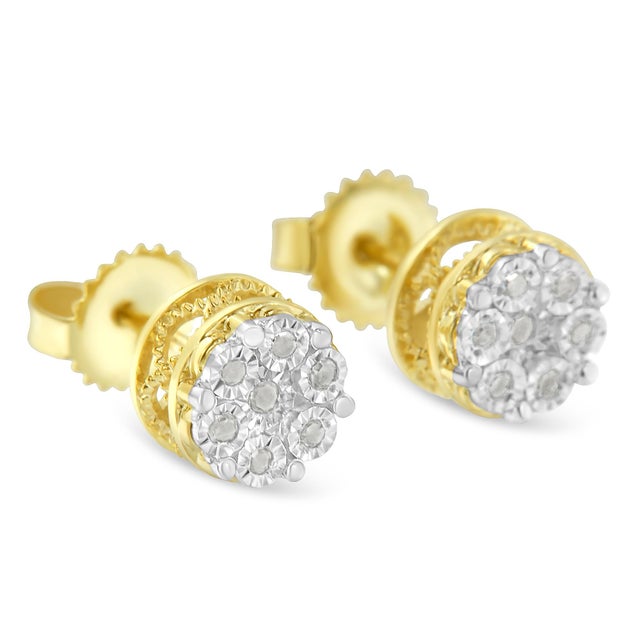 Contemporary 14K Yellow Gold Plated .925 Sterling Silver 1/7 Cttw Diamond Miracle Set Stud Earrings (I-J Color, I3 Promo Clarity) For Sale - Image 3 of 5