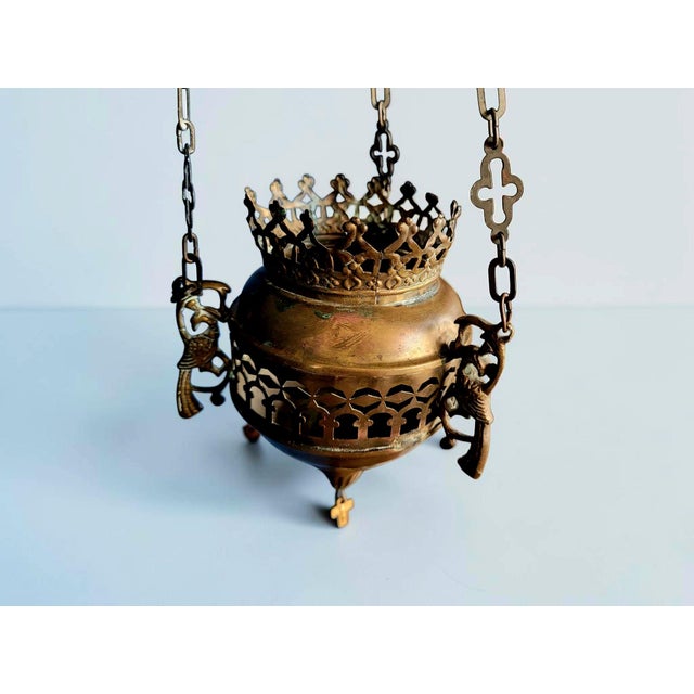 Metal Antique Greek Orthodox Byzantine Brass Sanctuary Vigil Oil Lamp, 1920 For Sale - Image 7 of 12