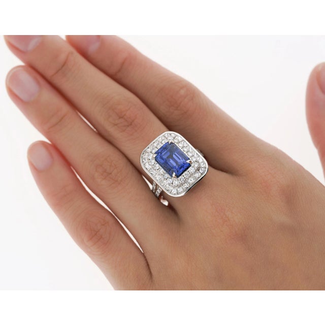 Shop this 6.26 carat no heat Burma Blue Sapphire and mixed-cut diamond cocktail ring. The center stone is a gorgeous...