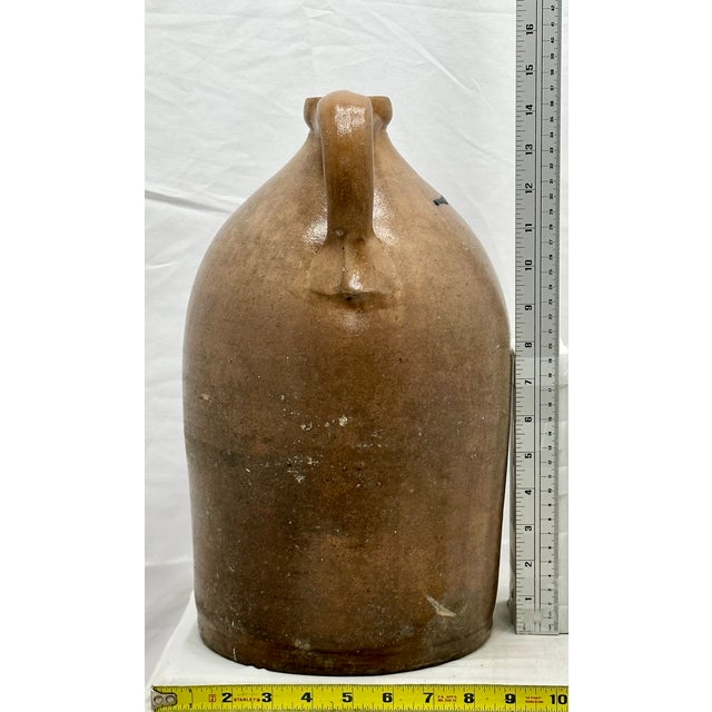 Great Mid 1800s Antique American 2 Galllon Stoneware Jug With Bold Artiscally Hand Decorated Navy Blue Flower Design For Sale - Image 18 of 18