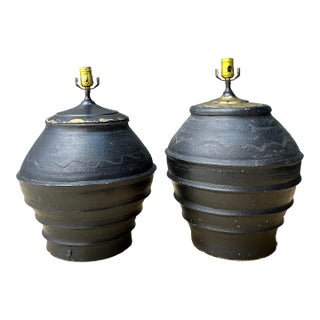 Vintage Greek Painted Terracotta Lamps - A Pair For Sale