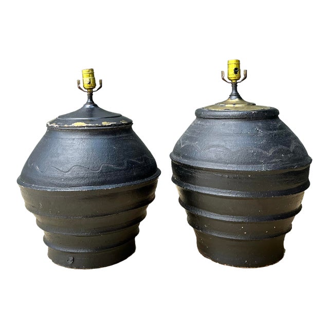Vintage Greek Painted Terracotta Lamps - A Pair For Sale