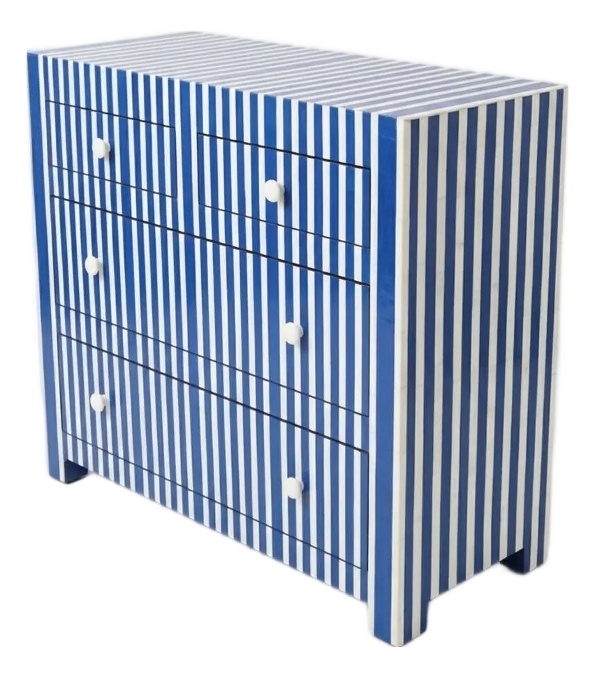 Vintage Moroccan Blue & White Striped Resin Inlay Chest of Drawers |  Chairish