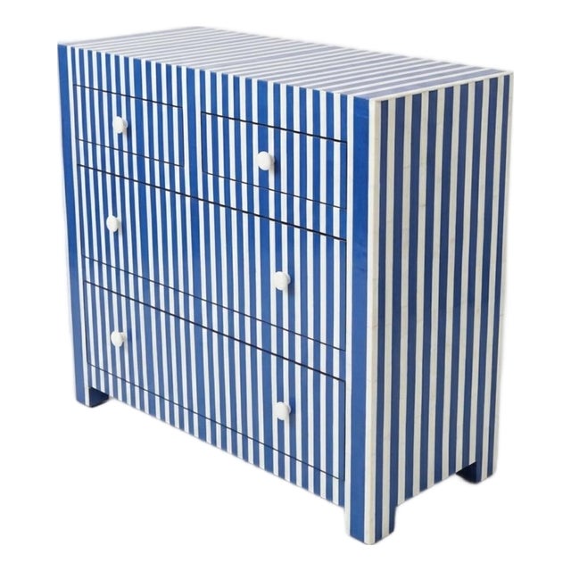 Vintage Moroccan Blue & White Striped Resin Inlay Chest of Drawers For Sale