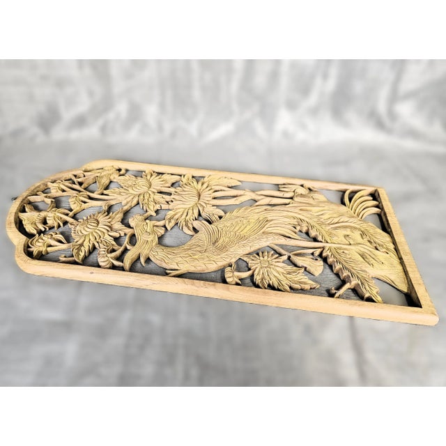 Chinese 1970s Vintage Phoenix Peony Chinese Relief Carved Wood Panel Wall Sculpture For Sale - Image 3 of 11