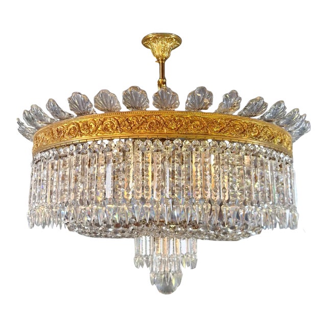 1930s Art Nouveau Brass Plafonnier Crystal Chandelier For Sale