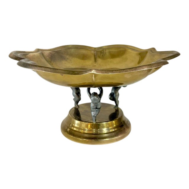 Vintage Hollywood Regency Quatrefoil Shape Brass Bowl With Cupid or Putti Base For Sale