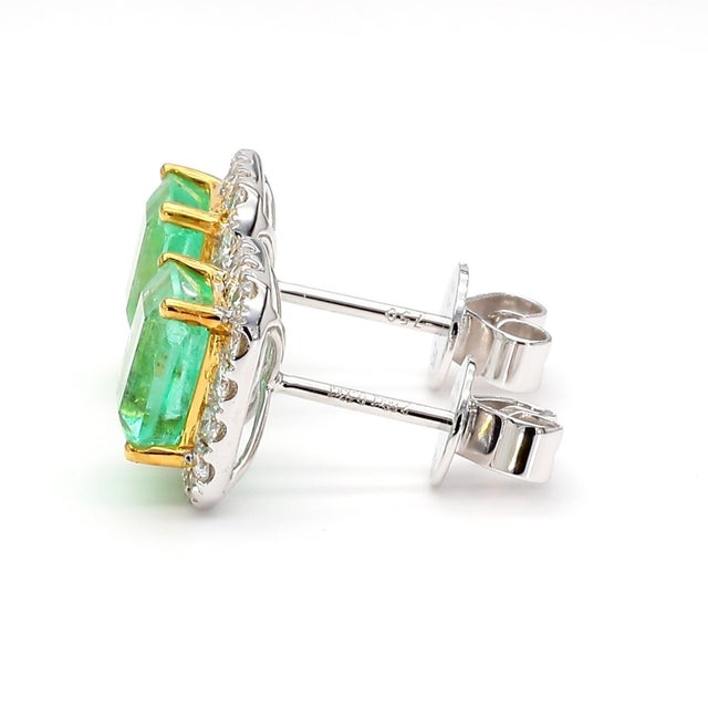 Metal 2.60 Carat Emerald Cut Emerald and Diamond Halo 18k Two Tone Gold Stud Earrings, Pair For Sale - Image 7 of 9