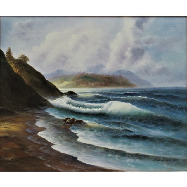 This artwork "Seascape" c. 1990 is an oil painting on canvas by noted artist June Nelson, 20th Century. It is signed at...