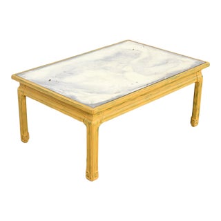 Baker Furniture Hollywood Regency Chinoiserie Yellow Lacquered Mirror Top Coffee Table, 1940s For Sale