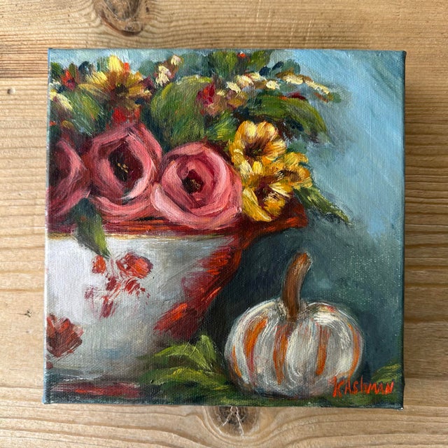 Chinosierie Turneen Painting With Autumn Roses, Sunflowers and Pumpkins, Thankful & Blessed by Artist Kristin Ashman For Sale - Image 12 of 12