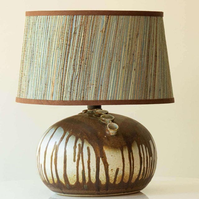 Brown Green and Brown Ceramic Table Lamp with Silk Lampshades attributed to R. Houben, 1970 For Sale - Image 8 of 10