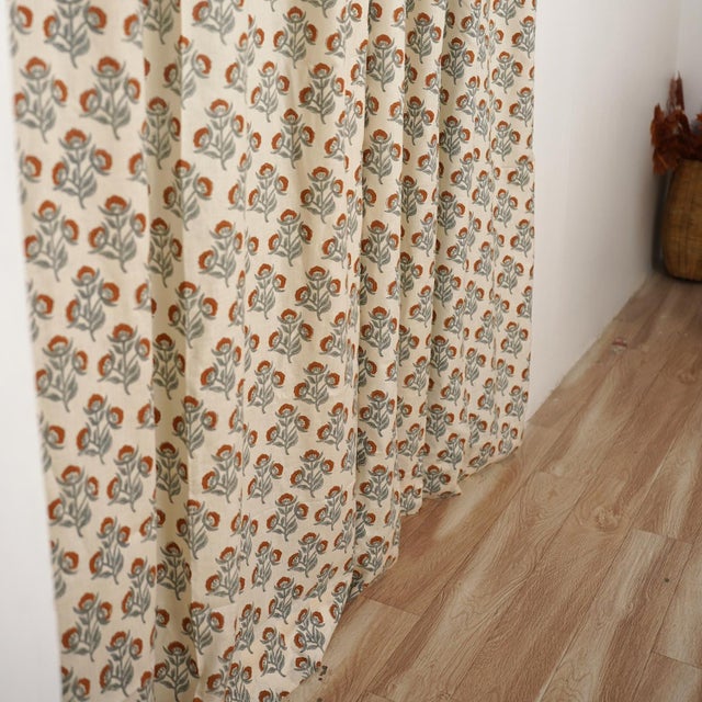 Colored Linen Block Print Ring Curtain Semi-Sheer Window Panel for Home Décor Size-54"Wx24"L, Bel Patr For Sale - Image 6 of 7