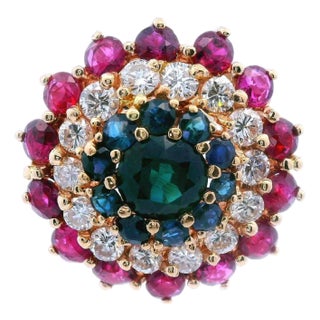 1980s 14k Yellow Gold Sapphire, Diamond and Ruby Ring, Size 7 For Sale