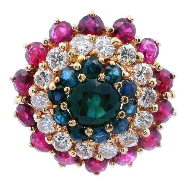 1980s 14k Yellow Gold Sapphire, Diamond and Ruby Ring, Size 7 For Sale