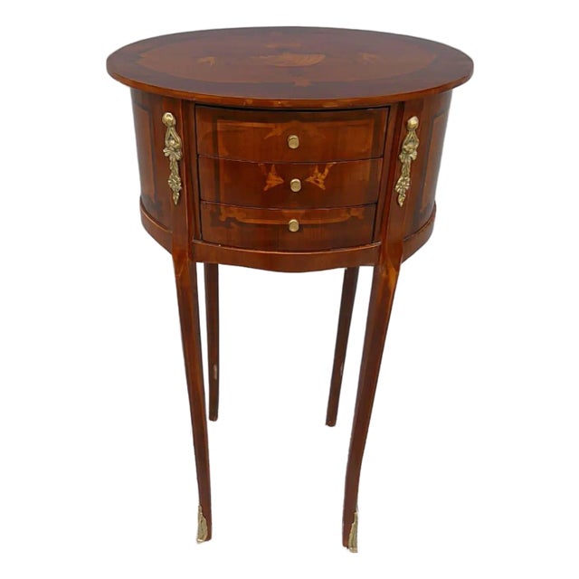 French Louis XVI Round Side Table With 3 Drawers, Handcrafted Wood & Gold Leaf Accents For Sale