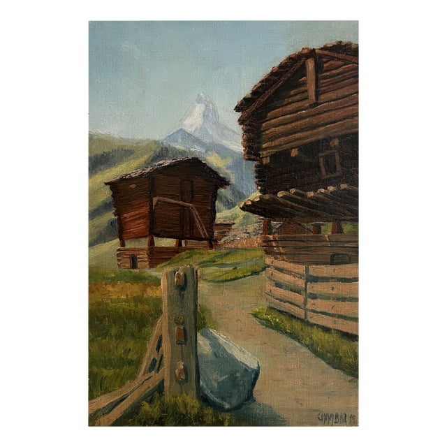 Marius Chambaz, Mazots au pied du Cervin, 1919, Oil on Canvas For Sale