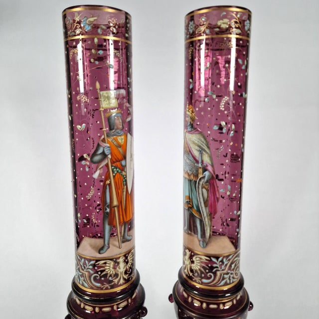 Two 19th C Bohemian Cranberry Pokal Vases King Rudolph I and Otto II Enamel For Sale - Image 4 of 15