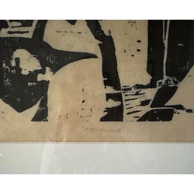 Mid-Century Modern 1970s Signed Modernist Penguin Wildlife Graphic Art Framed Monochrome Artwork For Sale - Image 3 of 6