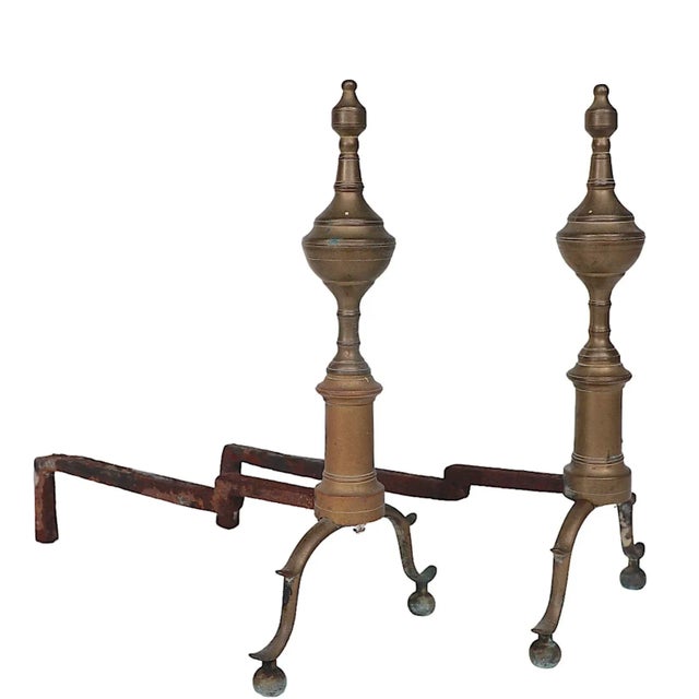 Pair antique brass steeple form andirons, in good, original condition, showing expected cosmetic wear normal and...