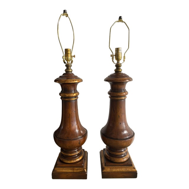 Pair of Wood and Gold Painted Lamps, Early 20th Century For Sale