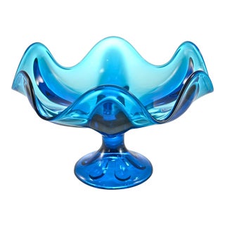Mid Century Peacock Blue Pedestal Bowl For Sale