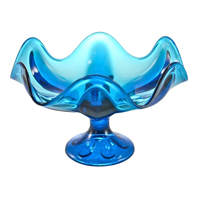 Mid Century Peacock Blue Pedestal Bowl For Sale