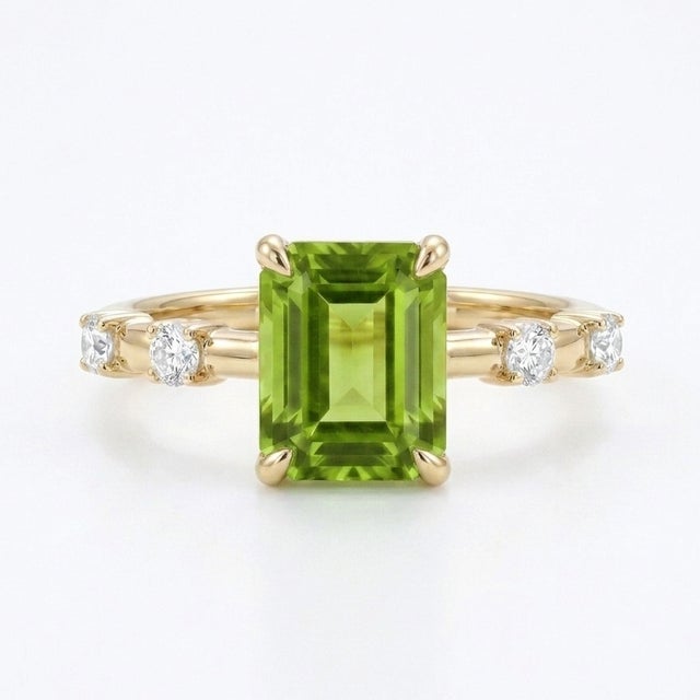 Peridot Emerald Cut Stacking Ring - Dainty August Birthstone Ring for Woman Us 7 For Sale - Image 4 of 4